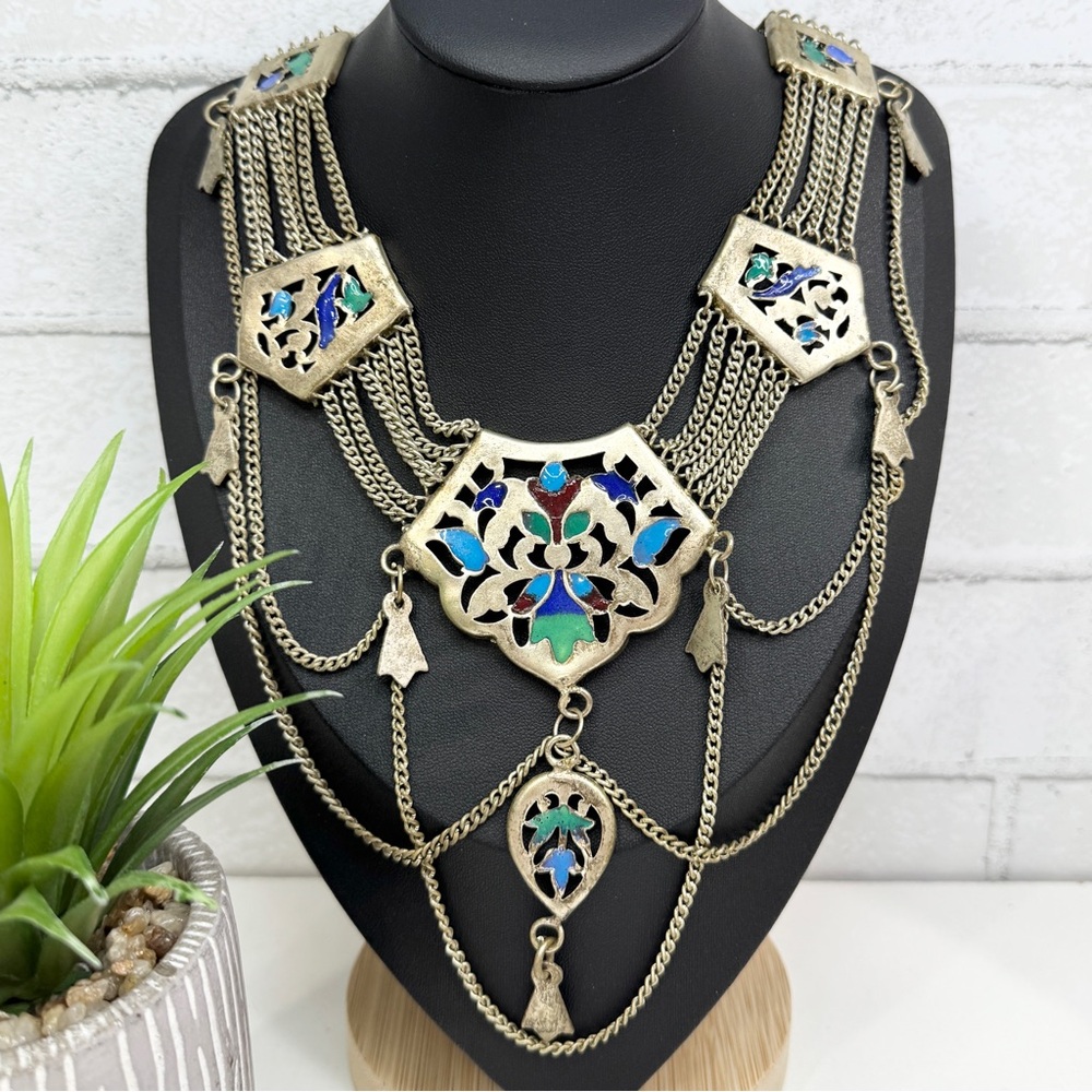 VTG Tribal Silver Tone Multicolor Enamel Festoon Chandahar Statement Necklace